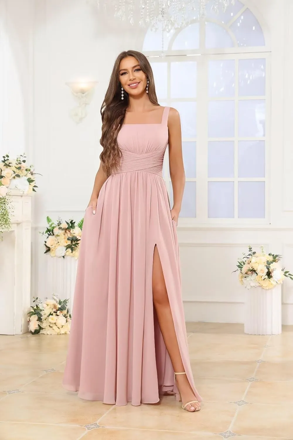 Chiffon Bridesmaid Dresses for Women Ruched Long Spaghetti Straps Formal Evening Gown with Pockets