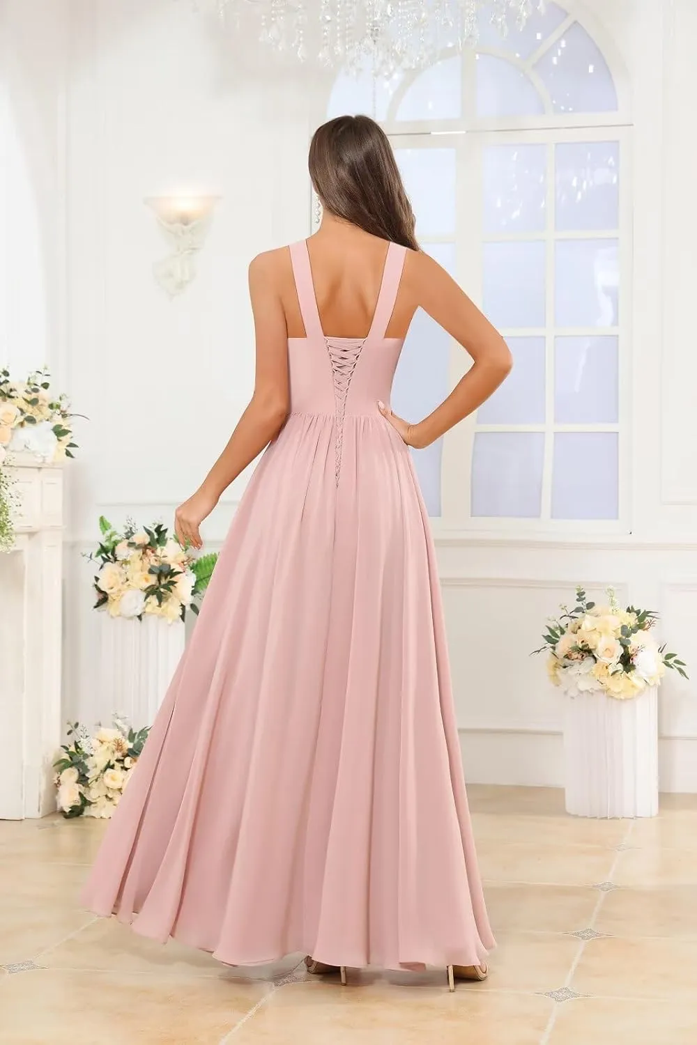Chiffon Bridesmaid Dresses for Women Ruched Long Spaghetti Straps Formal Evening Gown with Pockets