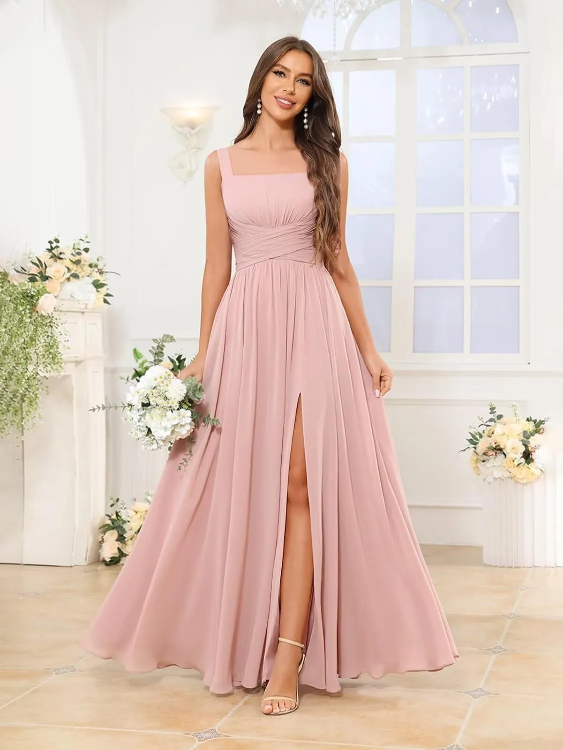 Chiffon Bridesmaid Dresses for Women Ruched Long Spaghetti Straps Formal Evening Gown with Pockets
