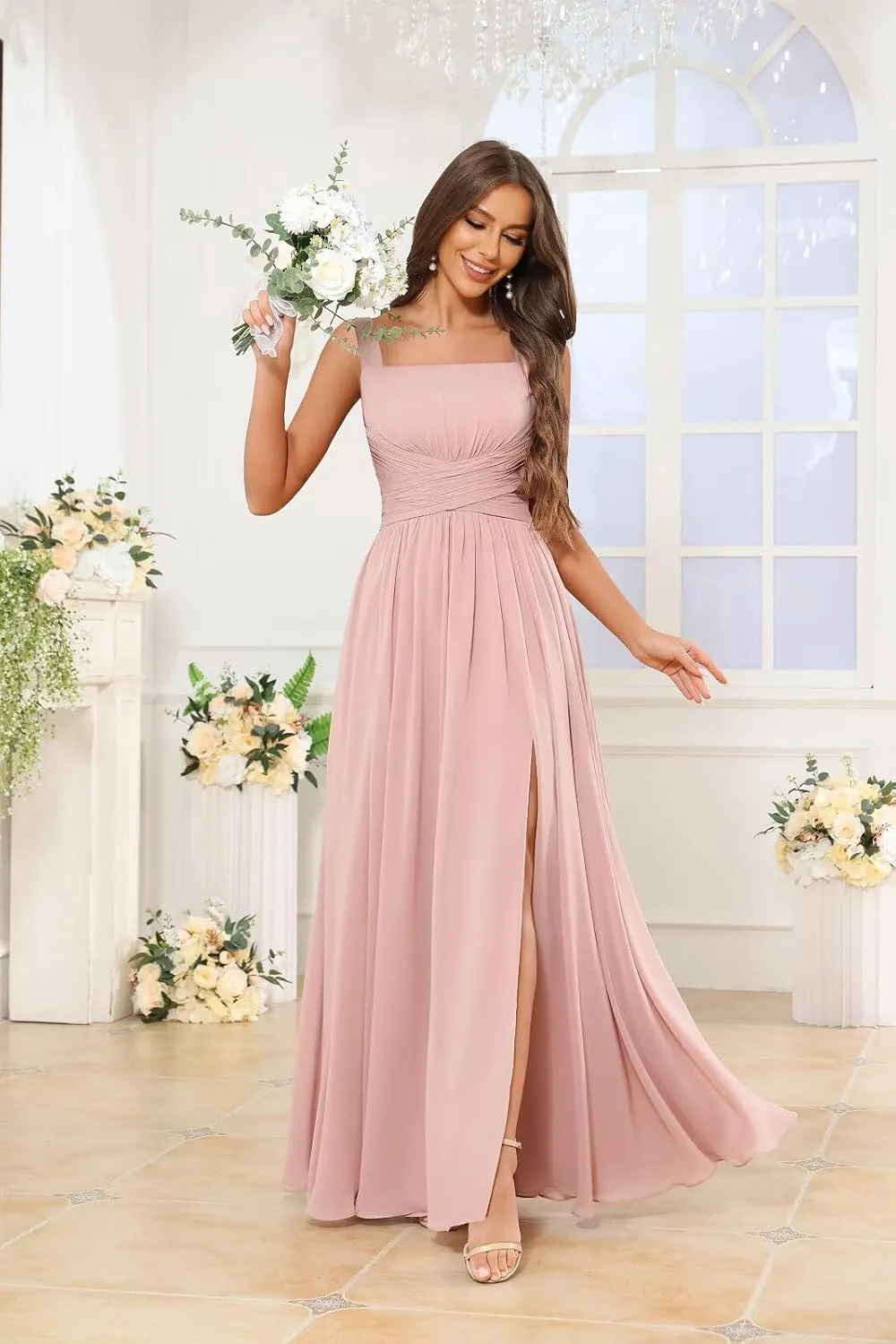 Chiffon Bridesmaid Dresses for Women Ruched Long Spaghetti Straps Formal Evening Gown with Pockets