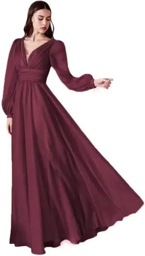 Chiffon Bridesmaid Dresses Long Pleated for Women V Neck Formal Party Maxi Gown with Long Puffy Sleeves DR0109