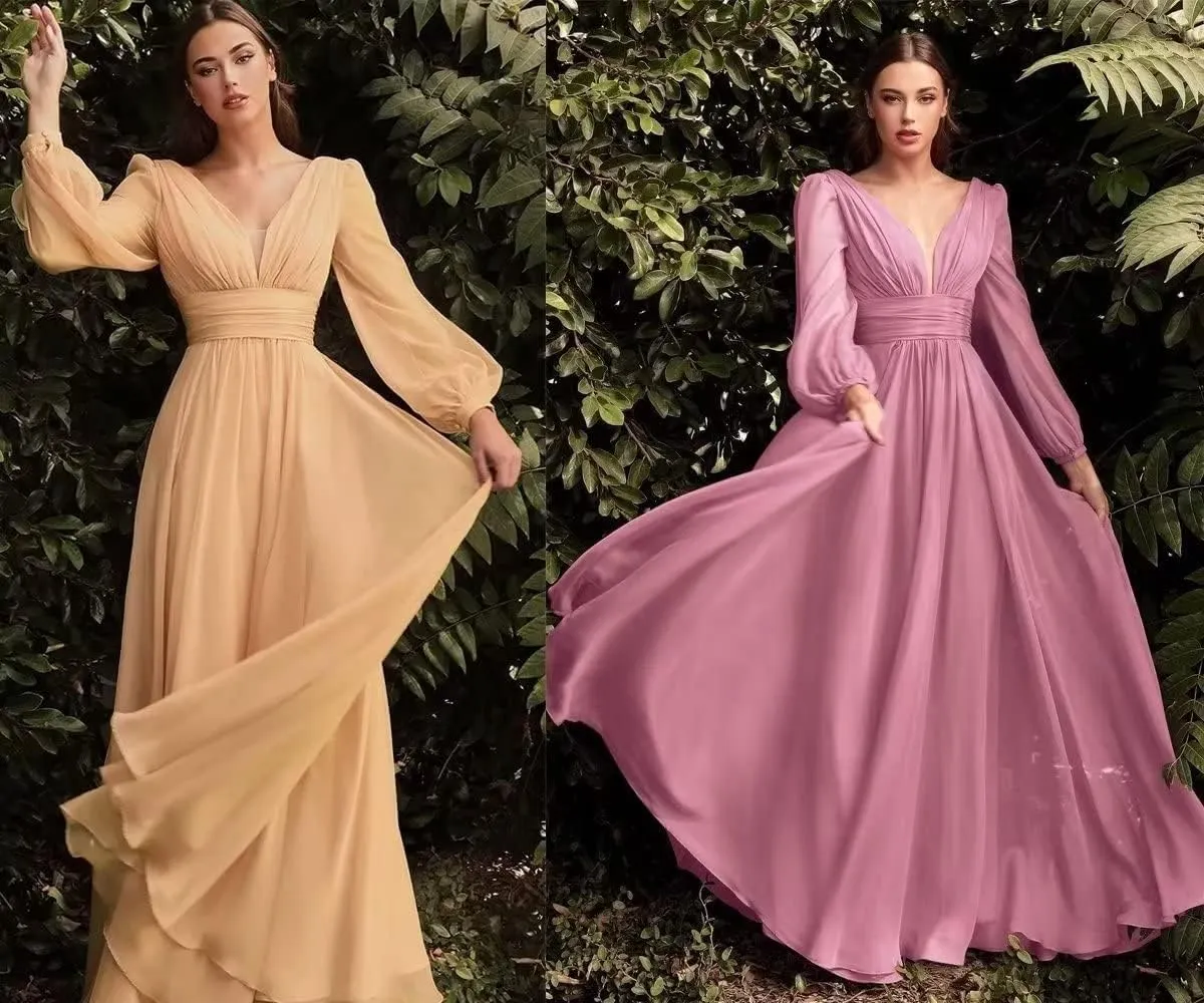 Chiffon Bridesmaid Dresses Long Pleated for Women V Neck Formal Party Maxi Gown with Long Puffy Sleeves DR0109