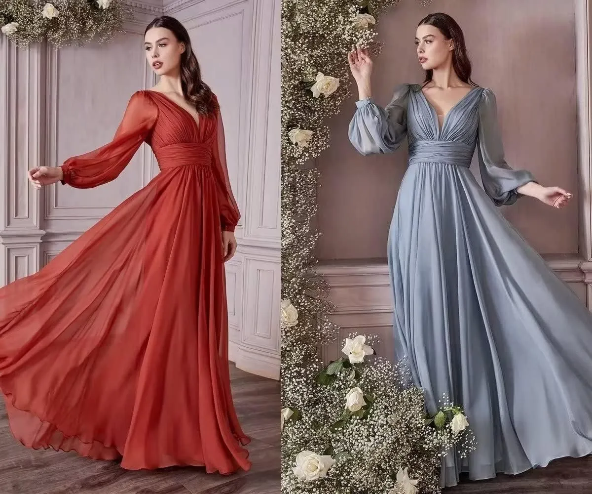 Chiffon Bridesmaid Dresses Long Pleated for Women V Neck Formal Party Maxi Gown with Long Puffy Sleeves DR0109