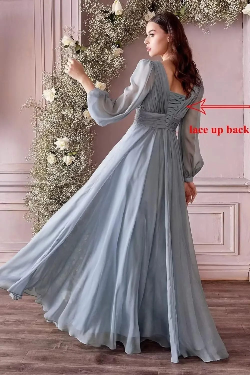 Chiffon Bridesmaid Dresses Long Pleated for Women V Neck Formal Party Maxi Gown with Long Puffy Sleeves DR0109