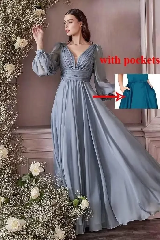 Chiffon Bridesmaid Dresses Long Pleated for Women V Neck Formal Party Maxi Gown with Long Puffy Sleeves DR0109