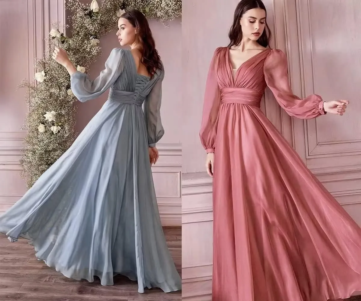 Chiffon Bridesmaid Dresses Long Pleated for Women V Neck Formal Party Maxi Gown with Long Puffy Sleeves DR0109