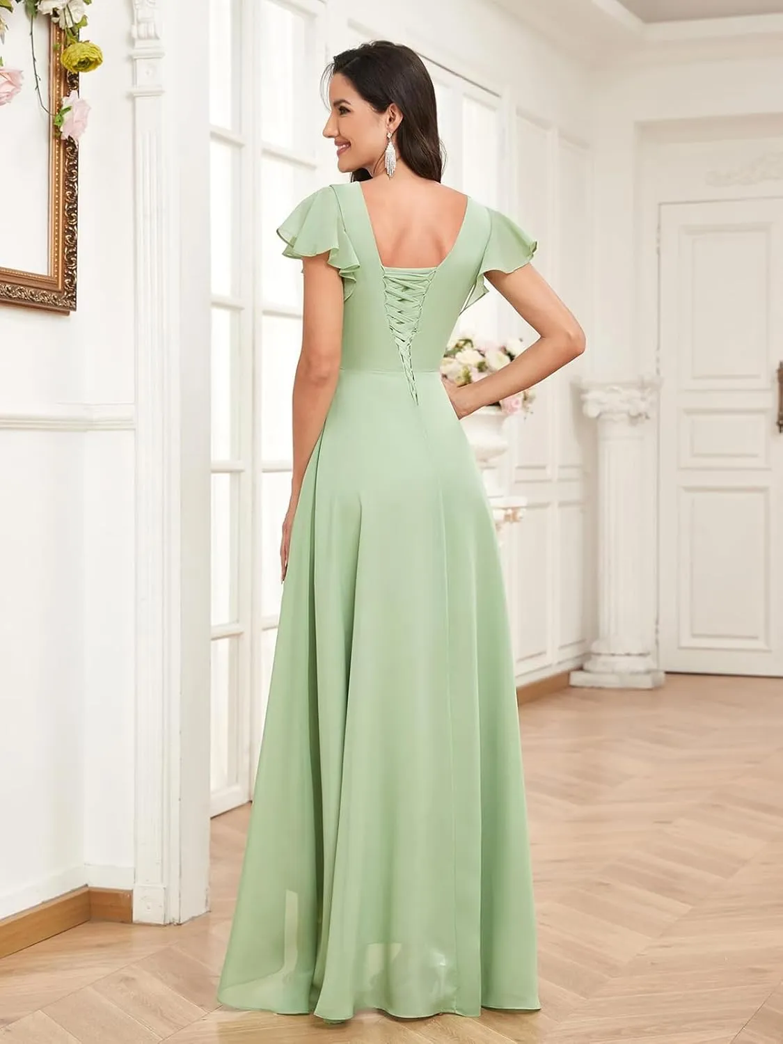 Chiffon Bridesmaid Dresses with Ruffle Sleeves Slit Long V Neck Formal Wedding Evening Gowns for Women