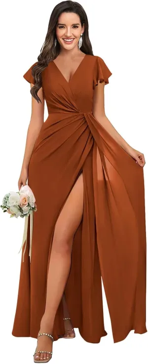 Chiffon Bridesmaid Dresses with Ruffle Sleeves Slit Long V Neck Formal Wedding Evening Gowns for Women