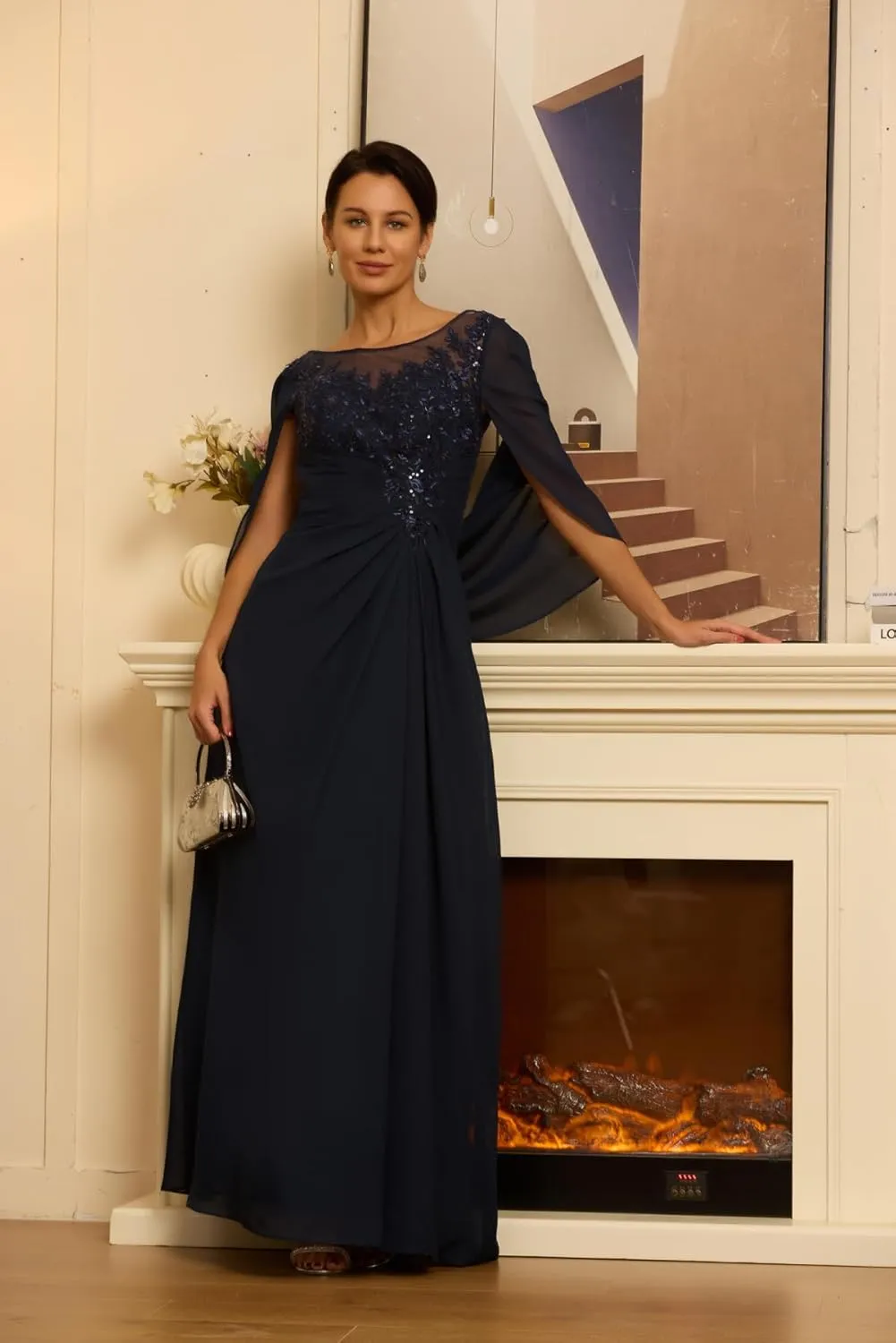 Chiffon Cape Mother of The Bride Dresses for Wedding Laces Appliques Scoop Formal Dresses Evening Gowns