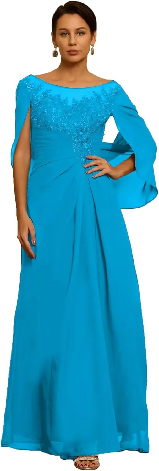 Chiffon Cape Mother of The Bride Dresses for Wedding Laces Appliques Scoop Formal Dresses Evening Gowns