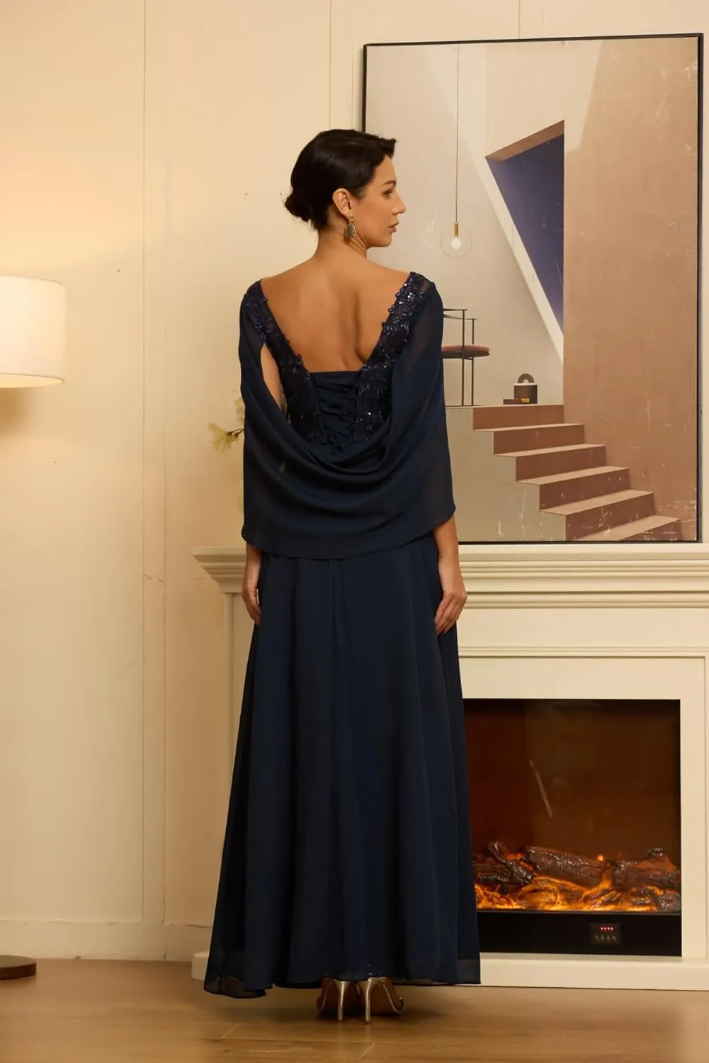 Chiffon Cape Mother of The Bride Dresses for Wedding Laces Appliques Scoop Formal Dresses Evening Gowns