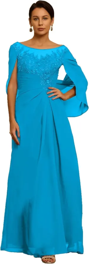 Chiffon Cape Mother of The Bride Dresses for Wedding Laces Appliques Scoop Formal Dresses Evening Gowns
