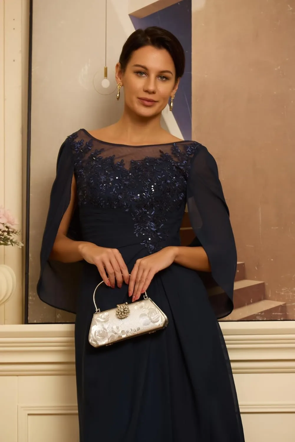 Chiffon Cape Mother of The Bride Dresses for Wedding Laces Appliques Scoop Formal Dresses Evening Gowns