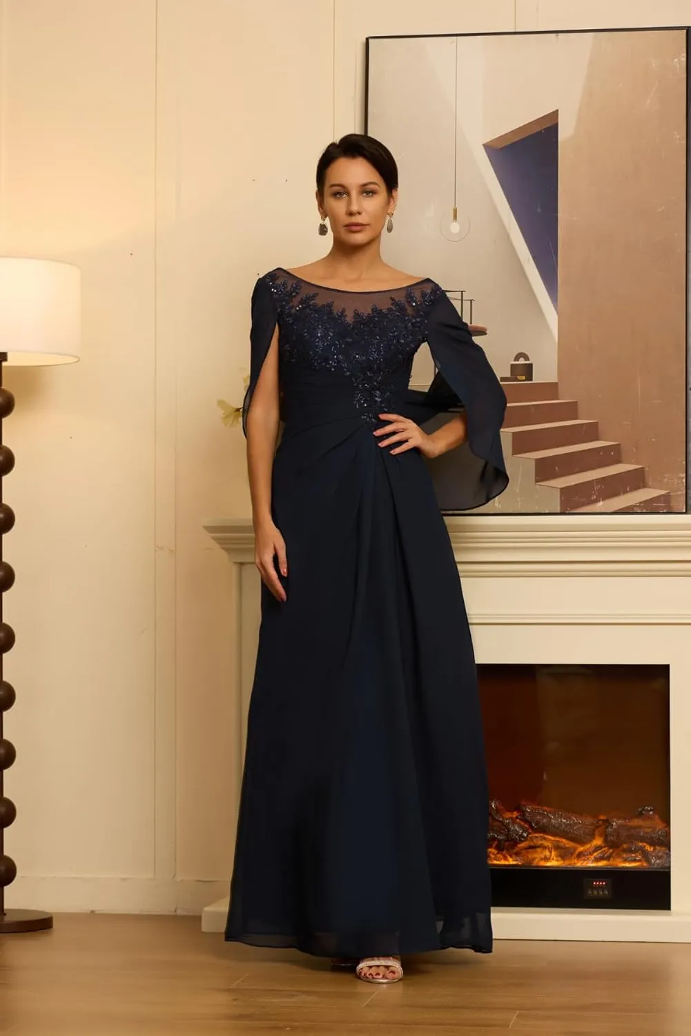 Chiffon Cape Mother of The Bride Dresses for Wedding Laces Appliques Scoop Formal Dresses Evening Gowns