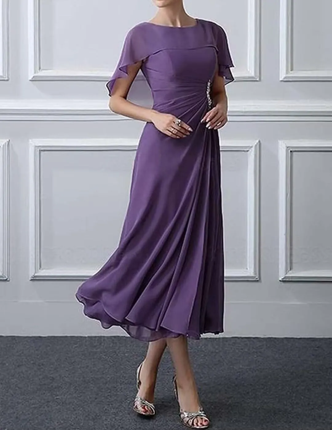 Chiffon Mother of The Bride Dresses 2024 Bat Sleeves Tea Length Formal Evening Party Gowns Cloak Grandma Dresses