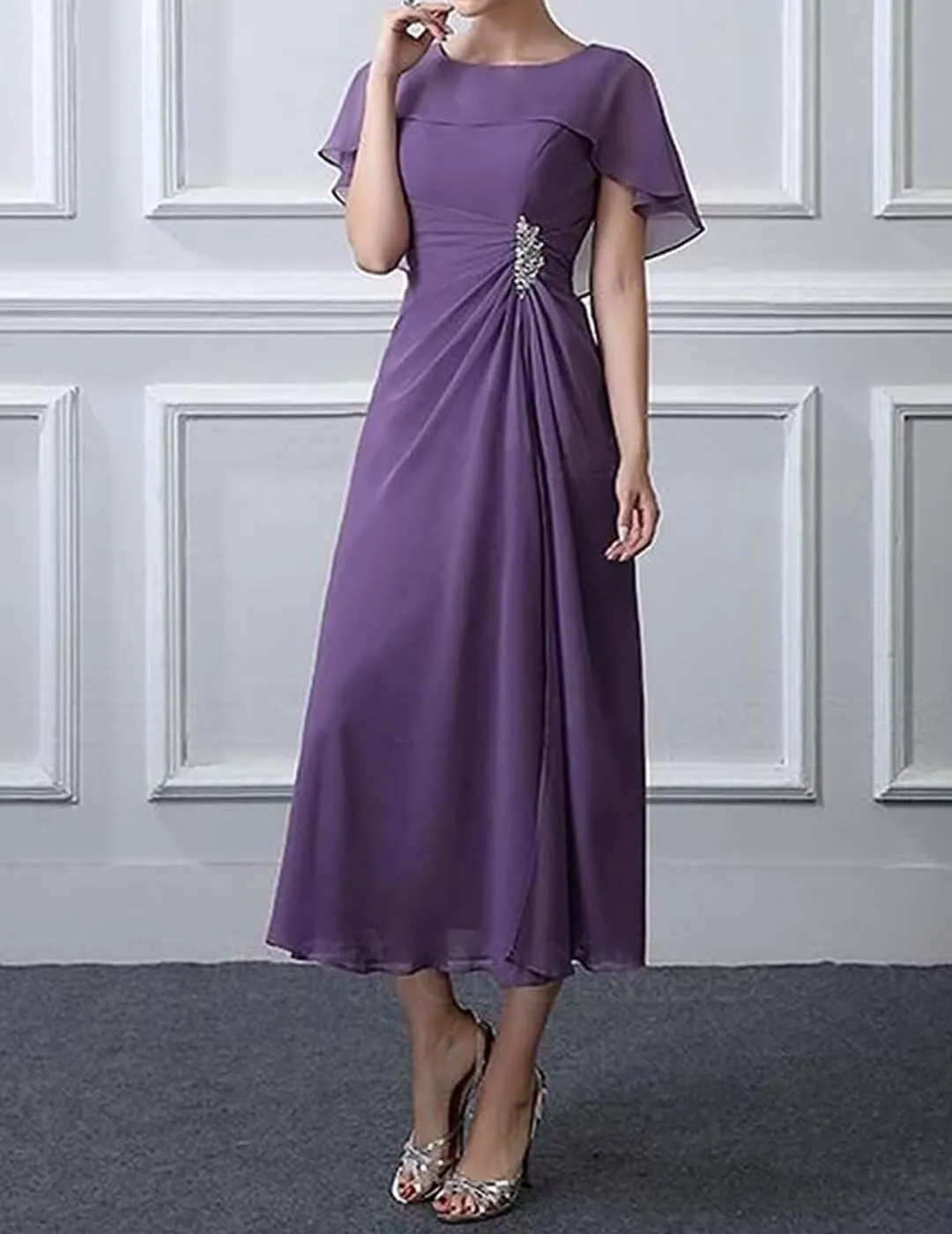 Chiffon Mother of The Bride Dresses 2024 Bat Sleeves Tea Length Formal Evening Party Gowns Cloak Grandma Dresses