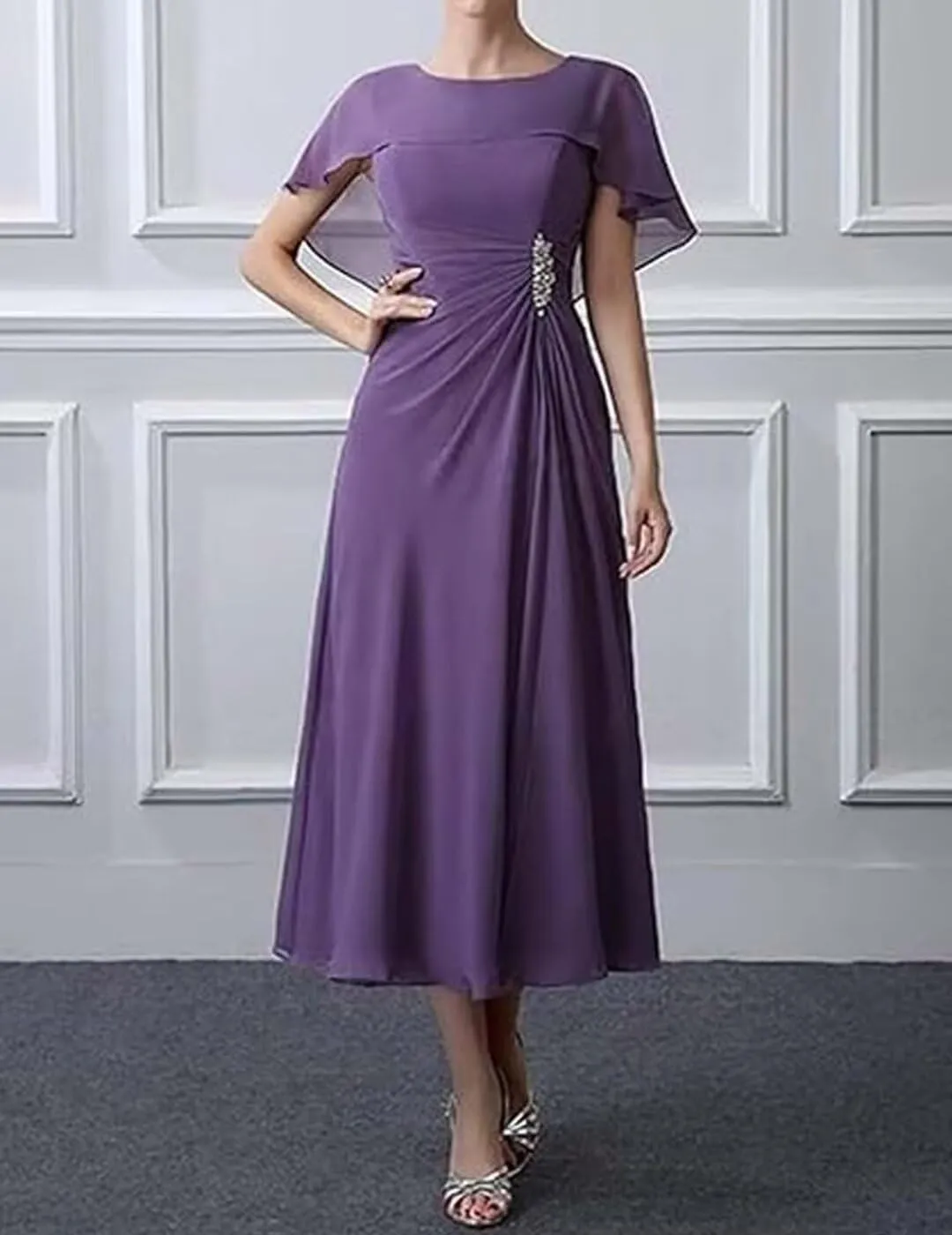 Chiffon Mother of The Bride Dresses 2024 Bat Sleeves Tea Length Formal Evening Party Gowns Cloak Grandma Dresses