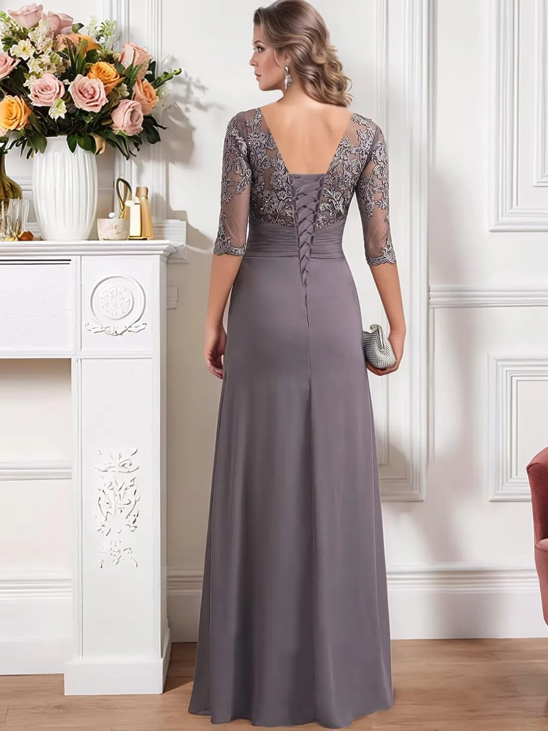 Chiffon Mother of The Bride Dresses 2025 Long Lace Appliques Ruffle Half Sleeve Formal Evening Dresses for Women