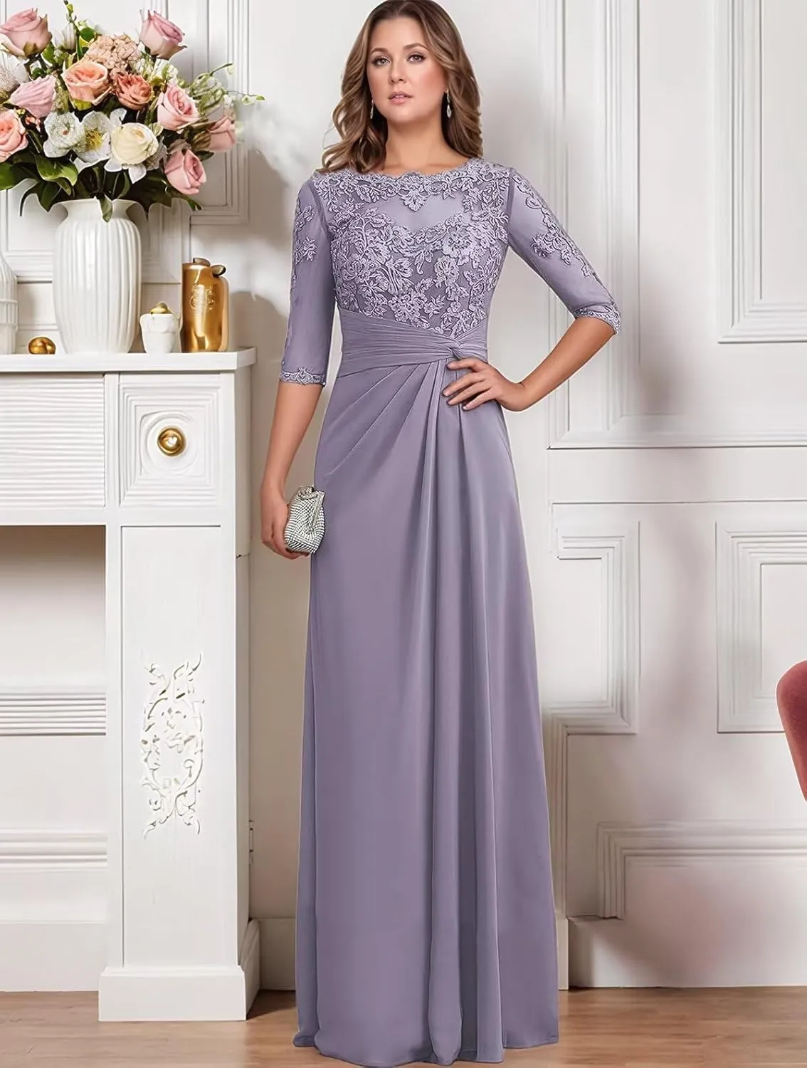 Chiffon Mother of The Bride Dresses 2025 Long Lace Appliques Ruffle Half Sleeve Formal Evening Dresses for Women