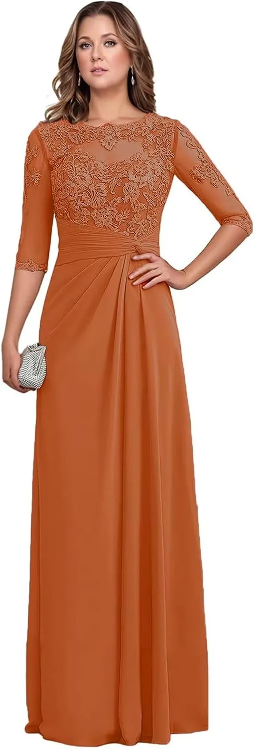 Chiffon Mother of The Bride Dresses 2025 Long Lace Appliques Ruffle Half Sleeve Formal Evening Dresses for Women