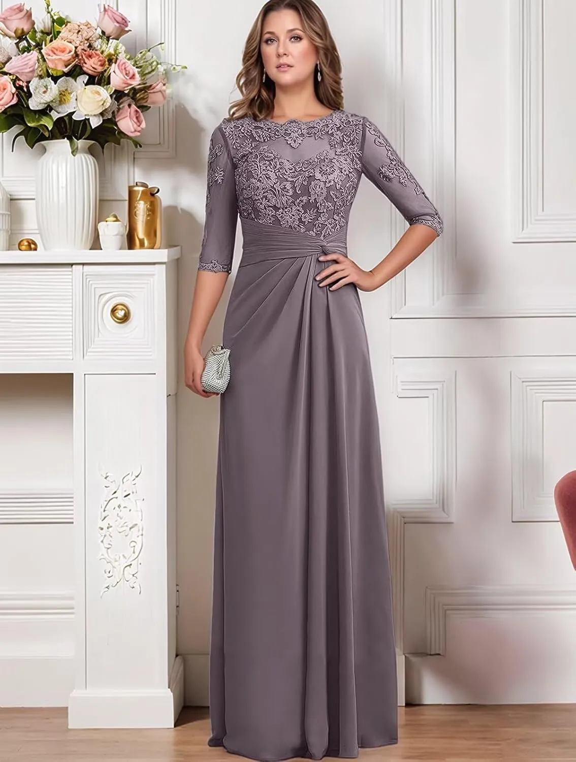 Chiffon Mother of The Bride Dresses 2025 Long Lace Appliques Ruffle Half Sleeve Formal Evening Dresses for Women
