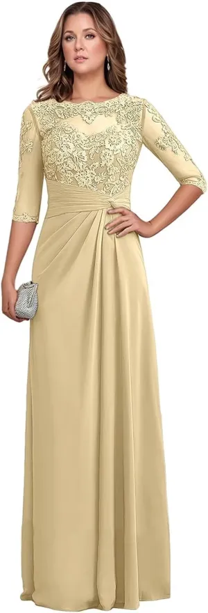 Chiffon Mother of The Bride Dresses 2025 Long Lace Appliques Ruffle Half Sleeve Formal Evening Dresses for Women