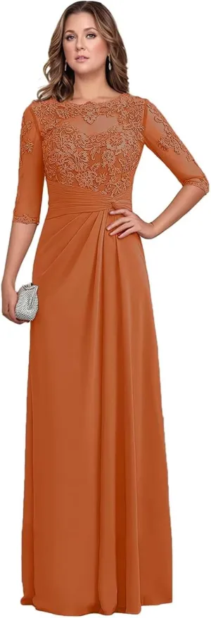 Chiffon Mother of The Bride Dresses 2025 Long Lace Appliques Ruffle Half Sleeve Formal Evening Dresses for Women