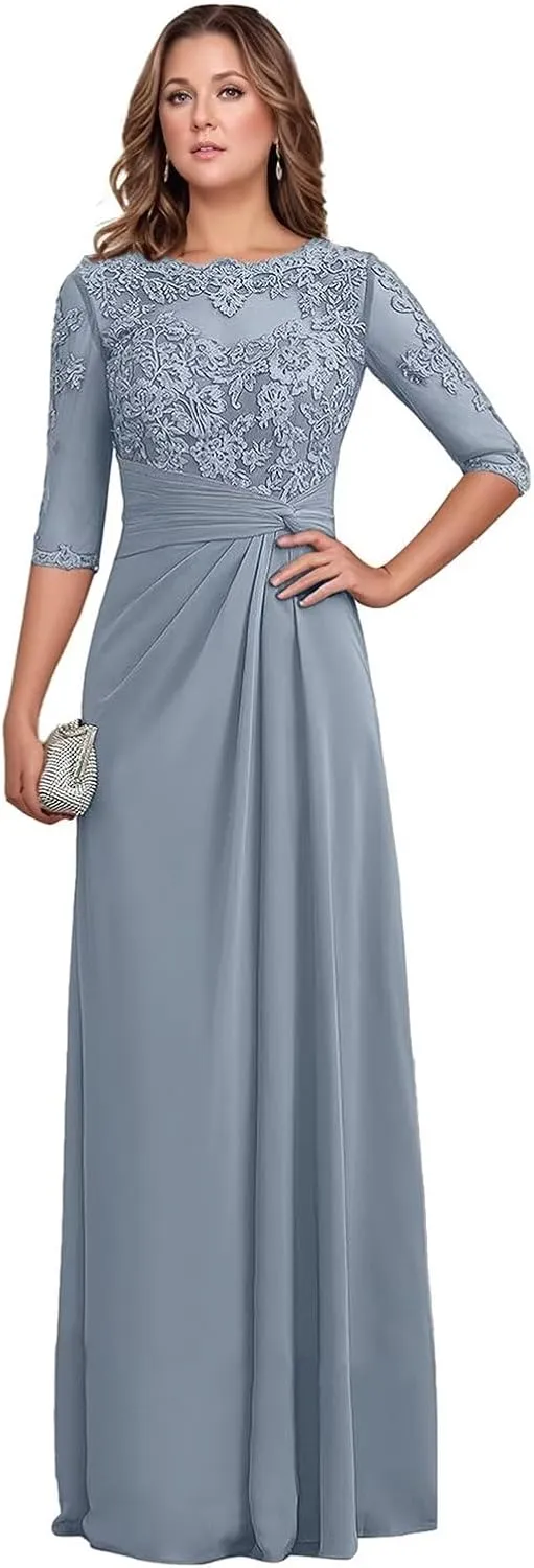 Chiffon Mother of The Bride Dresses 2025 Long Lace Appliques Ruffle Half Sleeve Formal Evening Dresses for Women
