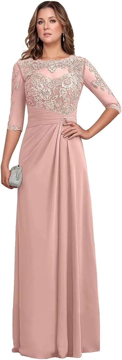 Chiffon Mother of The Bride Dresses 2025 Long Lace Appliques Ruffle Half Sleeve Formal Evening Dresses for Women