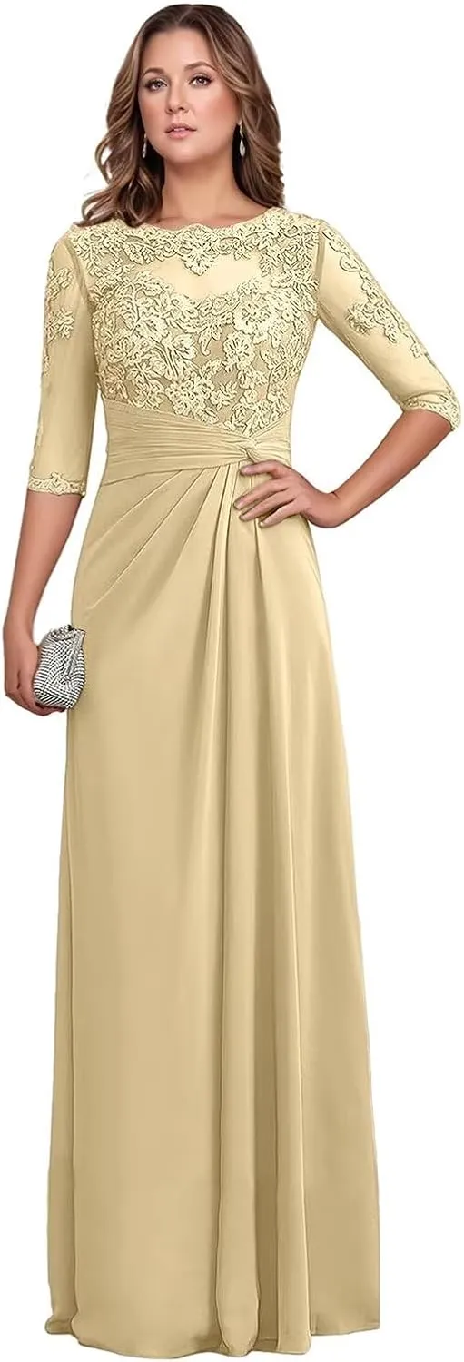 Chiffon Mother of The Bride Dresses 2025 Long Lace Appliques Ruffle Half Sleeve Formal Evening Dresses for Women