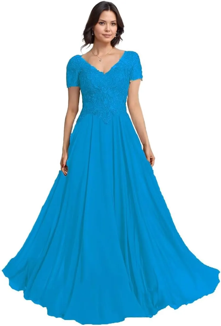 Chiffon Mother of The Bride Dresses for Women Laces Applique A Line Short Sleeves Formal Mother of Groom Dresses