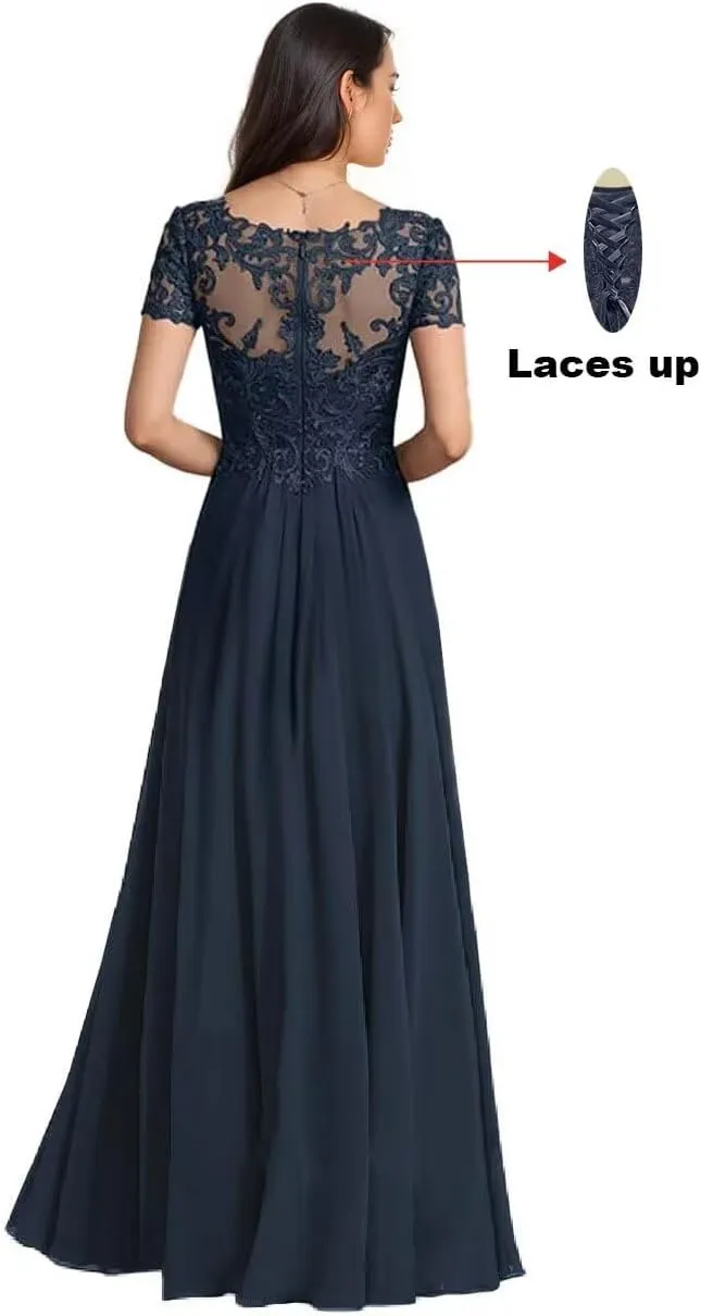 Chiffon Mother of The Bride Dresses for Women Laces Applique A Line Short Sleeves Formal Mother of Groom Dresses