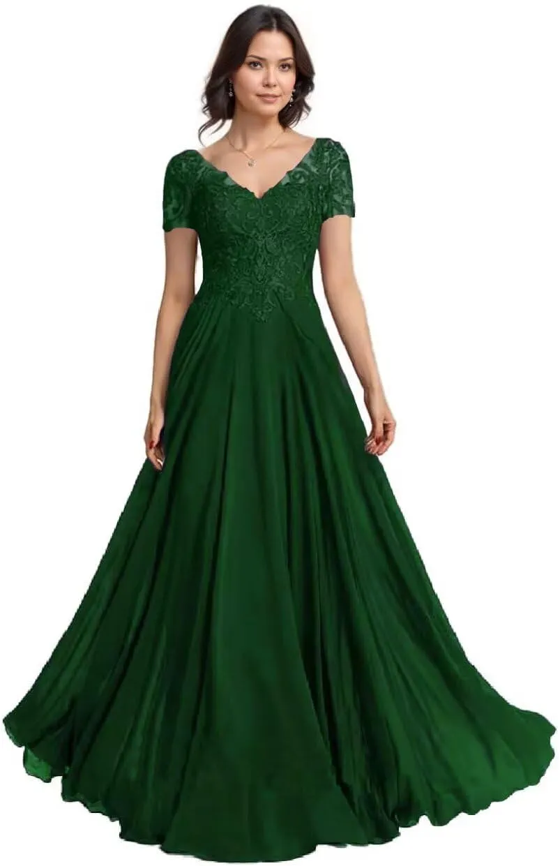 Chiffon Mother of The Bride Dresses for Women Laces Applique A Line Short Sleeves Formal Mother of Groom Dresses