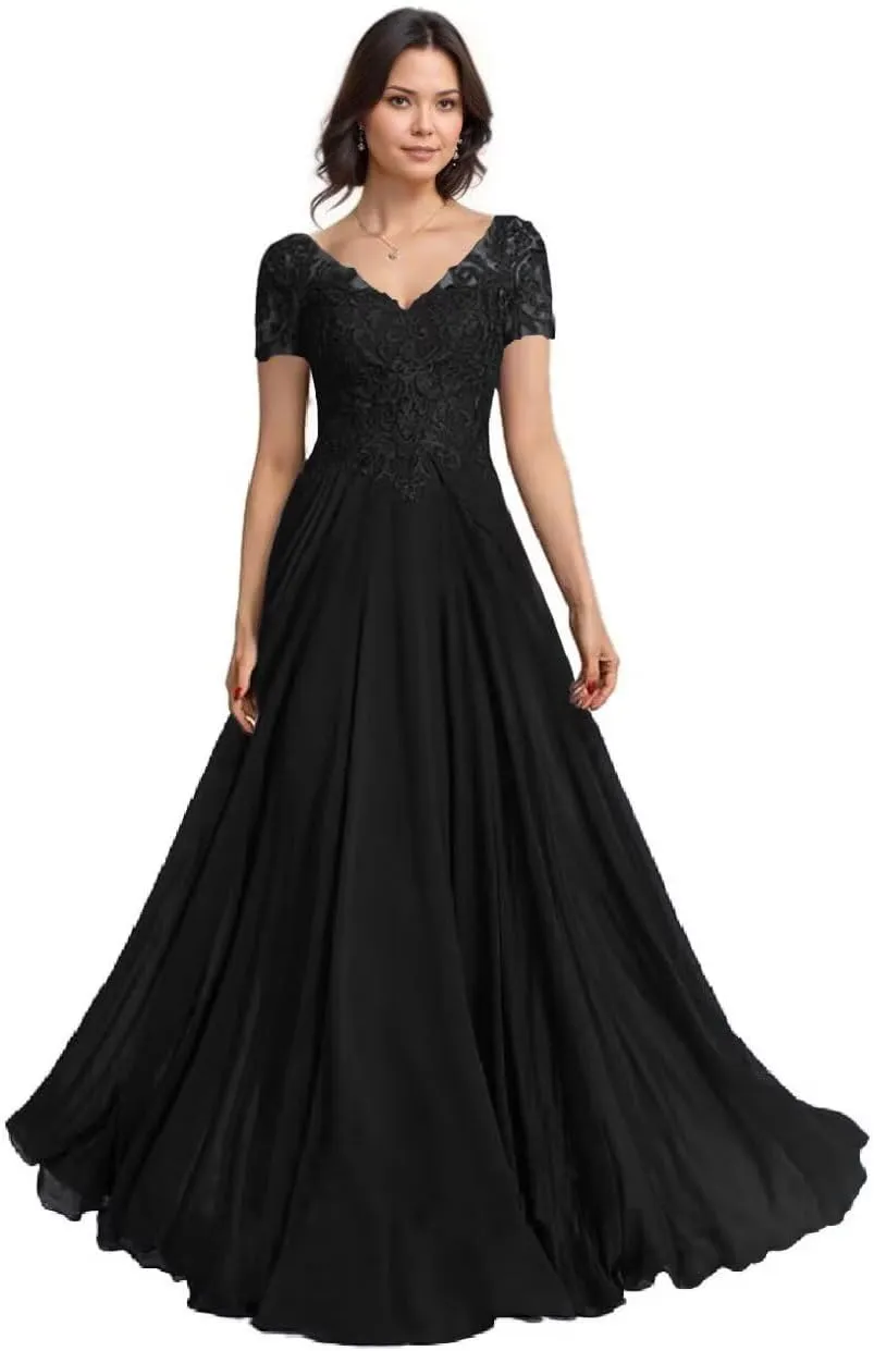 Chiffon Mother of The Bride Dresses for Women Laces Applique A Line Short Sleeves Formal Mother of Groom Dresses