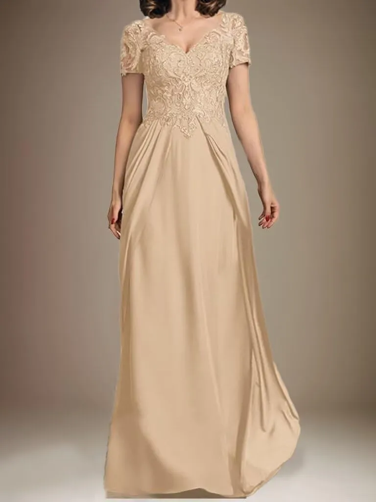 Chiffon Mother of The Bride Dresses for Women Laces Applique A Line Short Sleeves Formal Mother of Groom Dresses