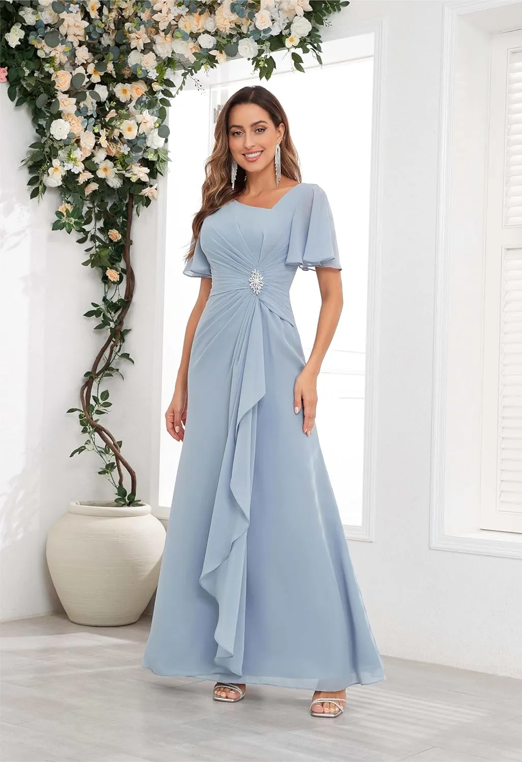 Chiffon Mother of The Bride Dresses Ruffle Sleeve Beaded A Line Long Formal Wedding Guest Dress