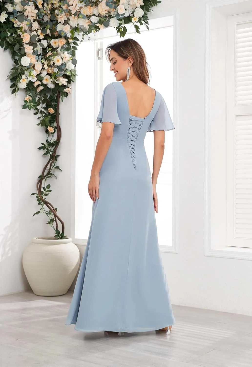 Chiffon Mother of The Bride Dresses Ruffle Sleeve Beaded A Line Long Formal Wedding Guest Dress