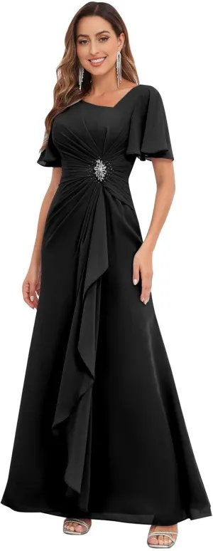 Chiffon Mother of The Bride Dresses Ruffle Sleeve Beaded A Line Long Formal Wedding Guest Dress