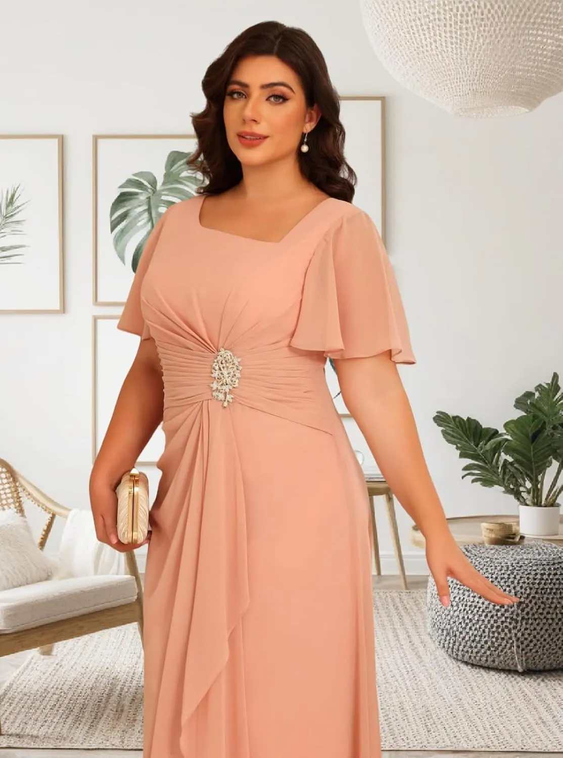 Chiffon Mother of The Bride Dresses Ruffle Sleeve Beaded A Line Long Formal Wedding Guest Dress