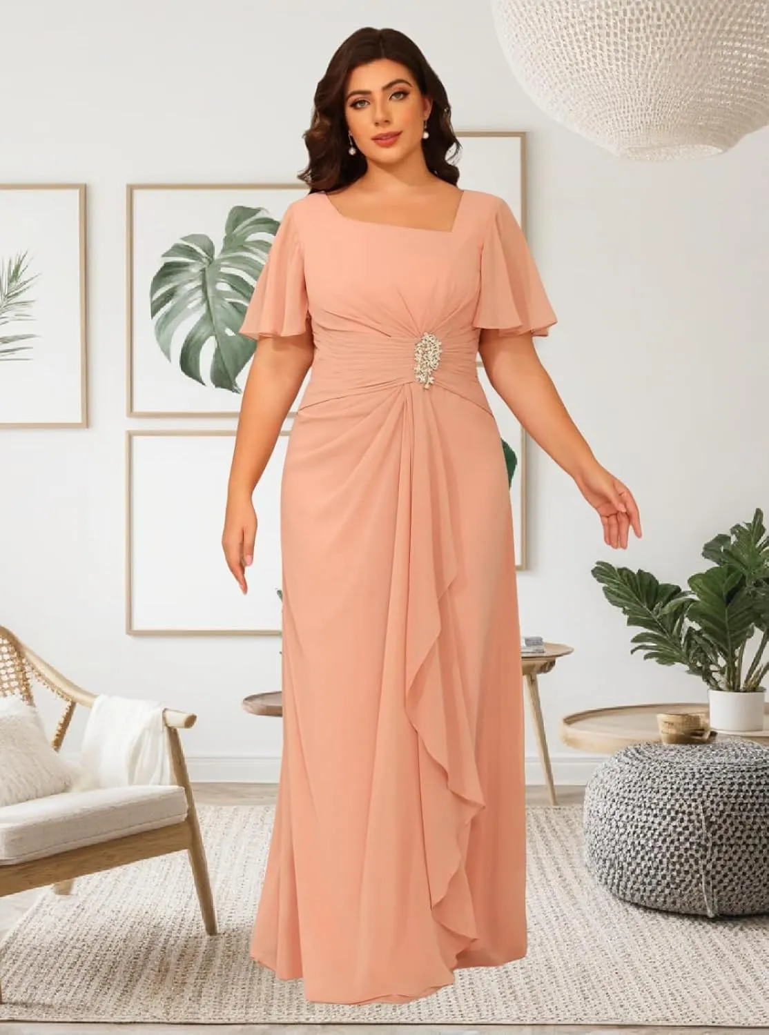 Chiffon Mother of The Bride Dresses Ruffle Sleeve Beaded A Line Long Formal Wedding Guest Dress