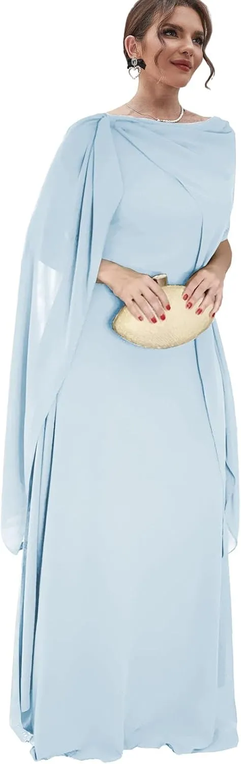 Chiffon Mother of The Bride Dresses with Cape Long Wedding Guest Formal Dress for Women