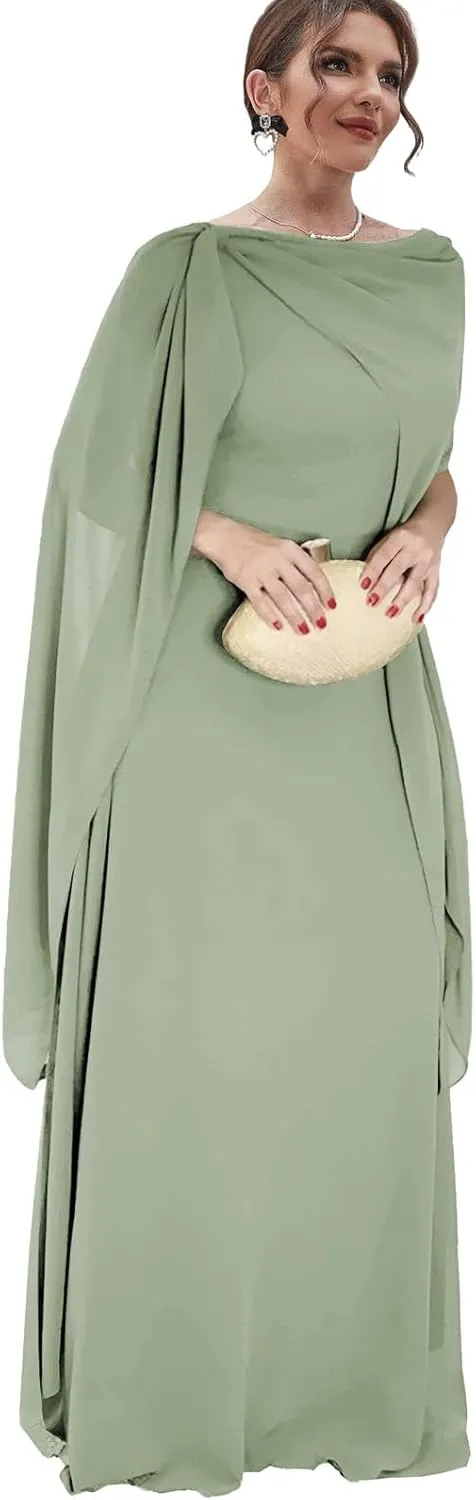 Chiffon Mother of The Bride Dresses with Cape Long Wedding Guest Formal Dress for Women