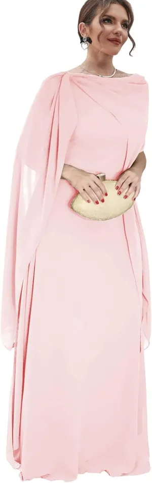 Chiffon Mother of The Bride Dresses with Cape Long Wedding Guest Formal Dress for Women