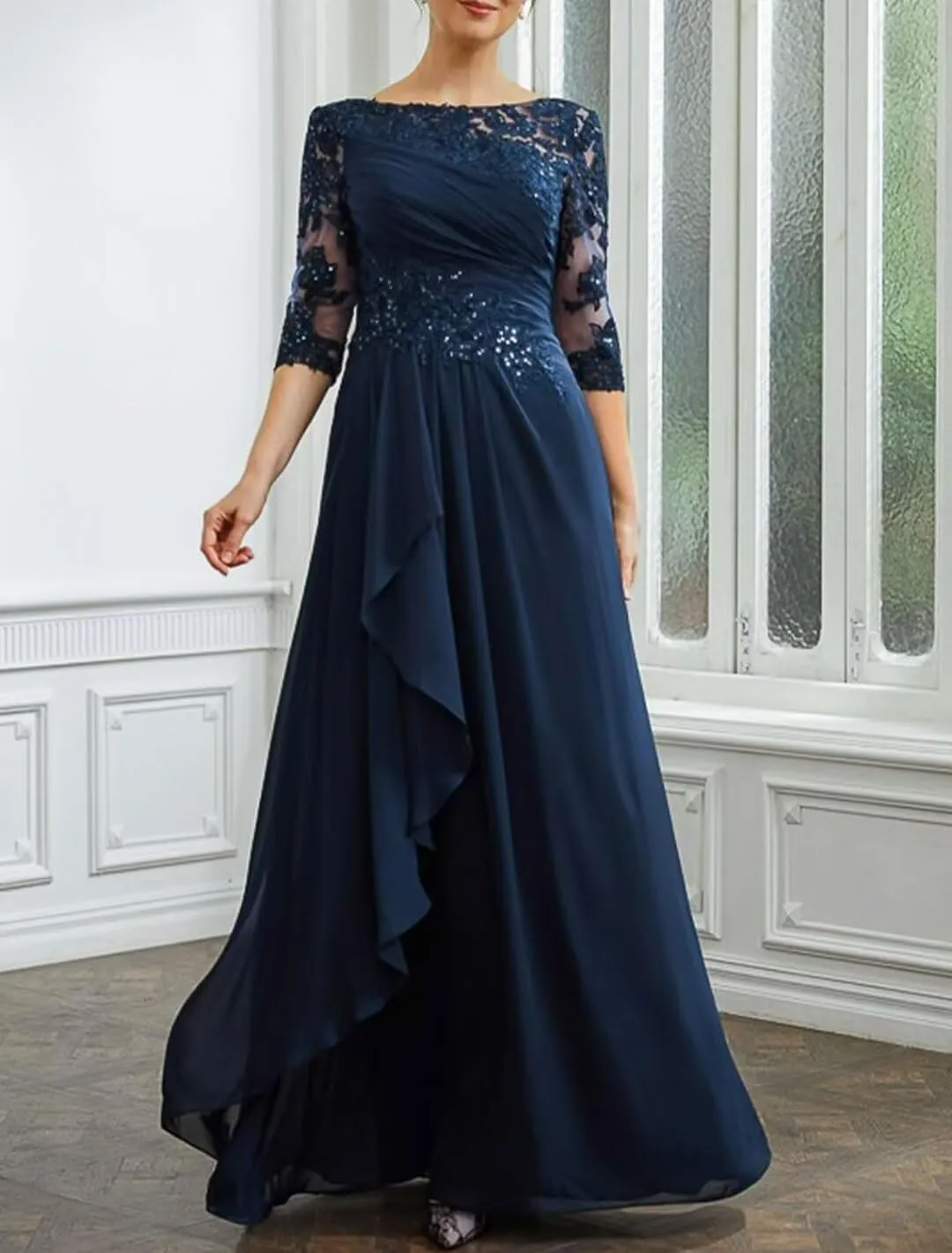 Chiffon Mother of The Bride Dresses with Sleeves Lace Long Evening Gowns Formal Dress for Wedding