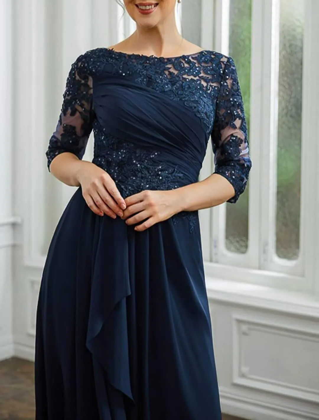 Chiffon Mother of The Bride Dresses with Sleeves Lace Long Evening Gowns Formal Dress for Wedding