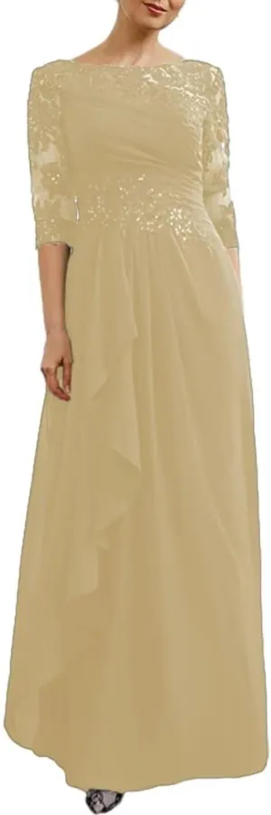 Chiffon Mother of The Bride Dresses with Sleeves Lace Long Evening Gowns Formal Dress for Wedding