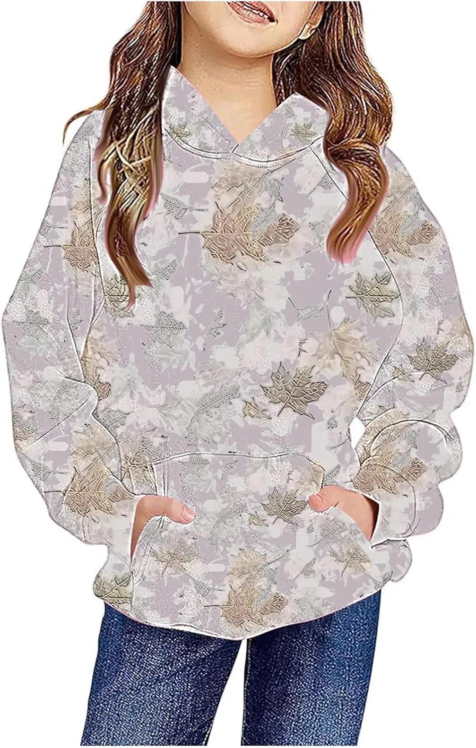 Children's Hoodies Camo Oversized Sweatshirt Maple Leaf Print Pullover Trendy Cute Long Sleeve Tops with Pockets