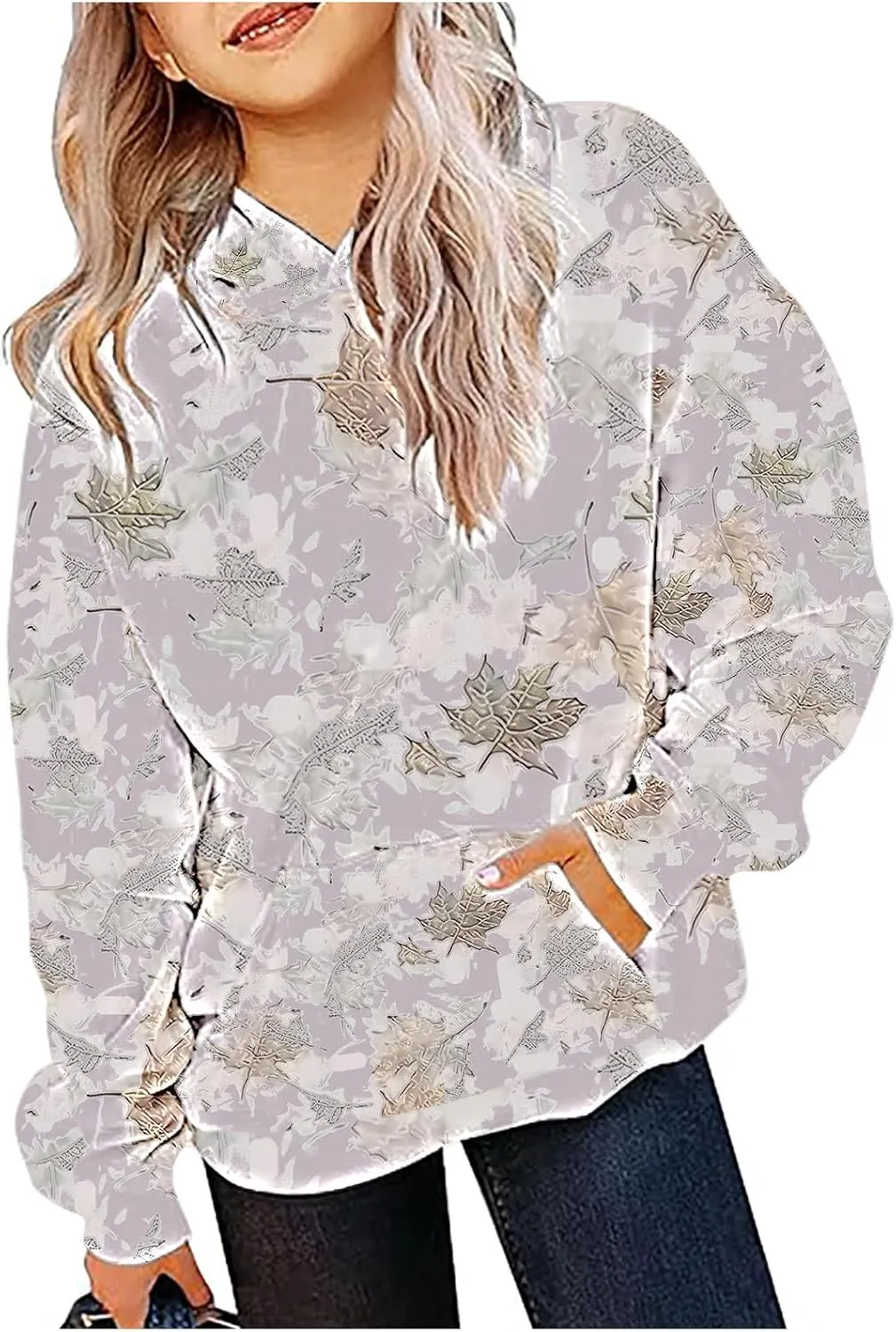 Children's Hoodies Camo Oversized Sweatshirt Maple Leaf Print Pullover Trendy Cute Long Sleeve Tops with Pockets