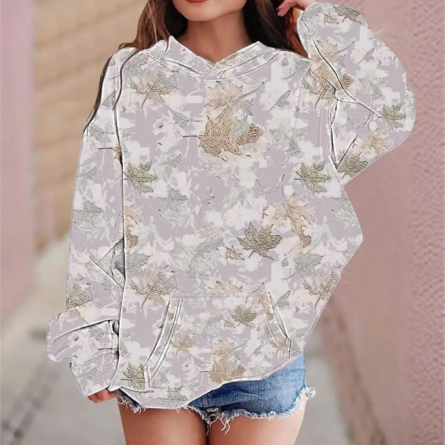 Children's Hoodies Camo Oversized Sweatshirt Maple Leaf Print Pullover Trendy Cute Long Sleeve Tops with Pockets