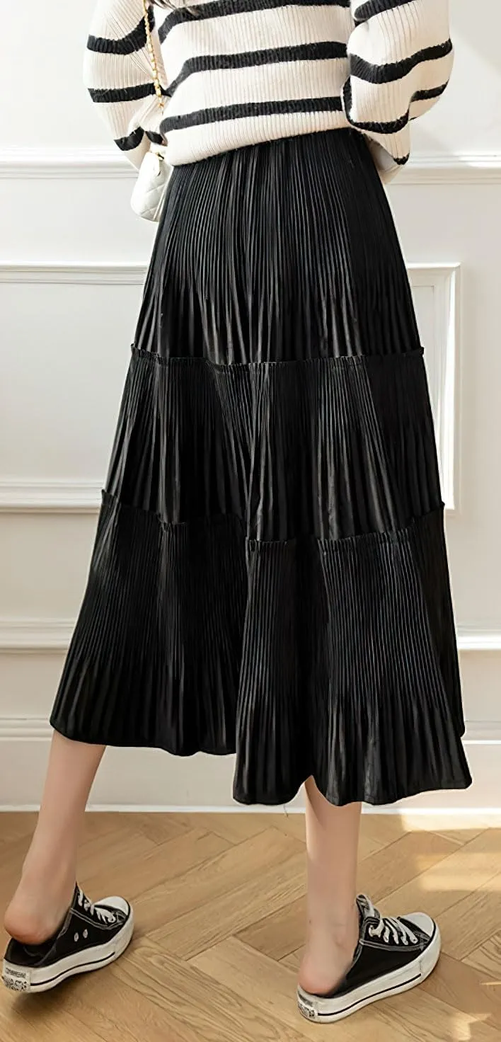 chouyatou Women's Fall Winter Velvet Ruffle Hem Skirt High Elastic Waist Pleated Swing Midi Long Skirt